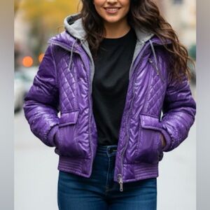 Purple Quilted Jacket with Gray Hood